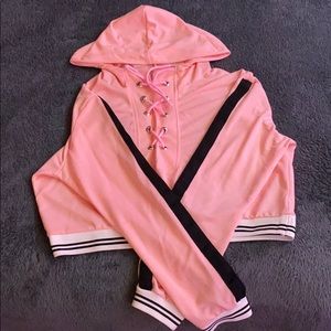 Pink Lace Up Crop Sweater